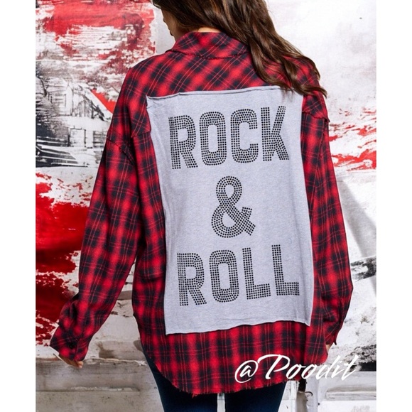 FANTASTIC FAWN Embellished red and black oversized flannel S M L - Picture 4 of 12